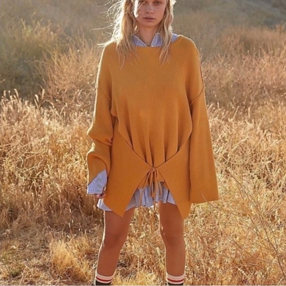 Free People Beach Brig Mustard Tie-Front Ribbed Sweater
